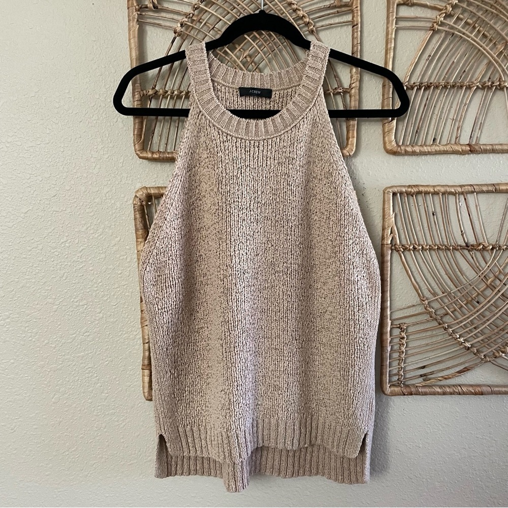 J Crew Sweater Tank‎ High Neck Crochet Tan Classic Chic Coastal *see msrmts B10